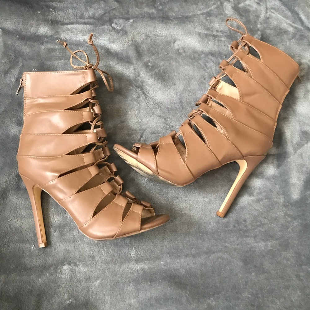Nude lace up heels